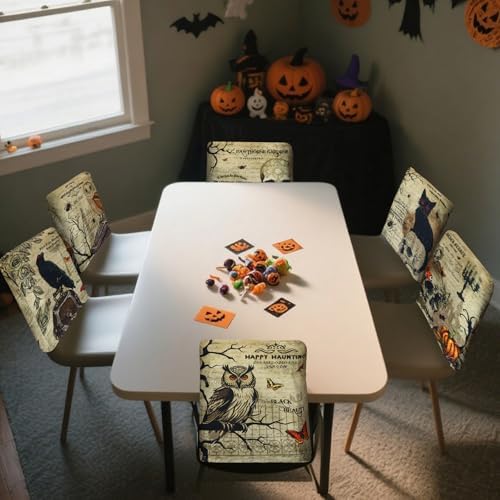 Moukeren 6 Pcs Gothic Chair Cover Set Gothic Halloween Decor Stretch Dining Chair Back Covers Skeleton Black Cat Bat Owl Seat Covers Horror Home Farmhouse Dining Seat Protector for Kitchen Decor