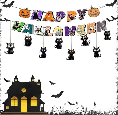 8 Pcs Halloween Tree Decoration Funny Cute Black Cat Designs Acrylic Pendant Cartoon Mini Kitten Halloween Tree Hanging Ornament DIY Craft Decoration Accessories for Holiday Party Supplies
