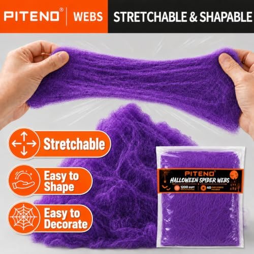 Piteno® 1200 sqft Spider Webs Halloween Decorations with 40 Fake Spiders, Stretchable Halloween Spider Webs for Indoor Outdoor Haunted House Yard Porch Party Decor (Purple)