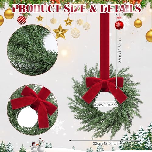 4 Pcs Small Christmas Norfolk Wreaths Evergreen 12.6 Inch Christmas Kitchen Cabinet Mini Wreaths Real Touch with Bow and Burgundy Ribbon for Xmas Front Door Window Home Table Pillar Decor