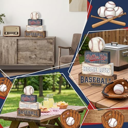Britimes Baseball Tiered Tray Decor Set, 4 Pack, Wooden Table Sign