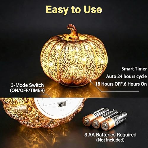 Fall Decor for Home,Mercury Glass Pumpkin Lights with Timer(Chocolate)