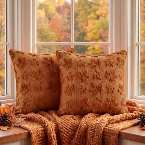 Fall Throw Pillow Covers 20x20 Set of 2 Rust Orange Plush Maple Leaf