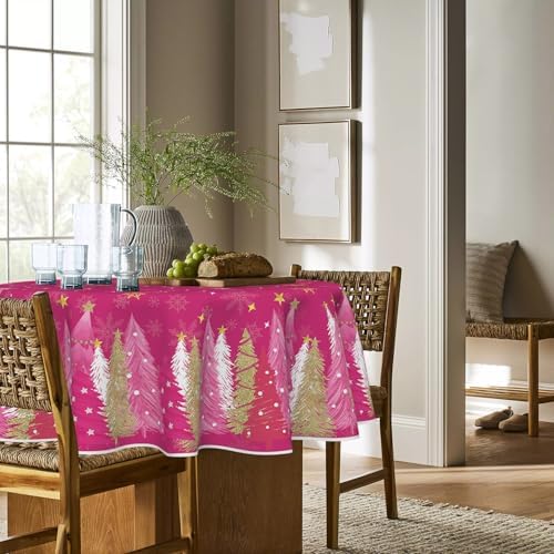 Horaldaily Christmas Tablecloth 70 x 70 Inch Round Christmas Trees Pink