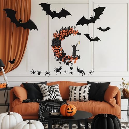 Halloween Decorations Black Cat Half-Moon Wreath with Black Rose & Berry