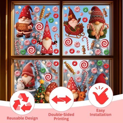 WALPLUS Christmas Window Clings Decorations Double-Sided Reusable Peel and Stick Removable for Glass Living Room Nursery Room Home Office Holiday Gnomies and Candy Delights 186 Pieces