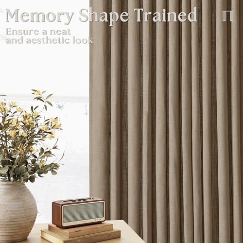 Latte Semi Sheer Pleated Linen Curtains with Hooks 126 Inches Long 2 Panels