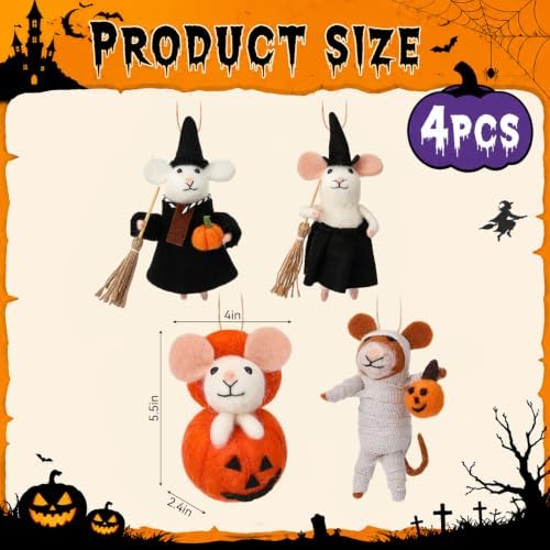Hahafelt 4 Pcs Halloween Felt Mouse Ornaments Set Wool Handmade Mice
