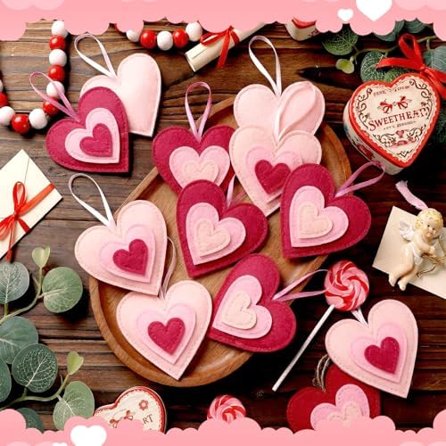 HunnmingRe 24 Pcs Valentine Felt Heart Ornaments for Tree Small Heart Hanging Decorations Valentine Felt Baubles for Home Wedding Party Decor(3.15 Inch,Lively Style,Pink Fuchsia)