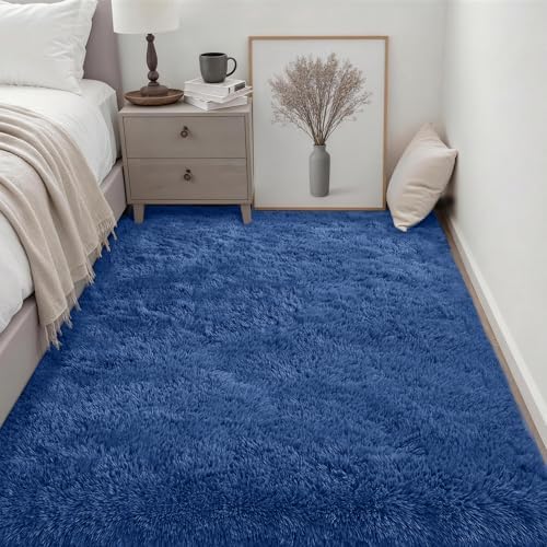 Area Rug Living Room Bedroom: 4x6 Fluffy Plush Shag Carpet Blue