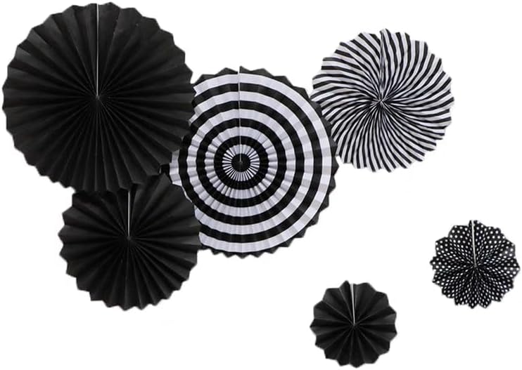 JEYE Black Hanging Paper Fans Party Decoration Set Wall Background Ceiling Hanging Decor for Birthday Graduation Halloween Party, Mix Set of 6pcs
