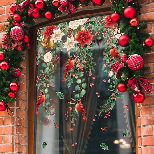Whaline 9 Sheets Christmas Floral Window Cling Stickers Hanging Poinsettia Flowers Eucalyptus Leaves Reusable Window Decals for Xmas Winter Party Home Office Classroom Decoration