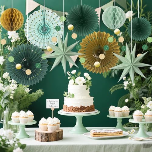 ADLKGG 10-Piece Sage Green Gold Party Decorations, Hanging Paper Fans