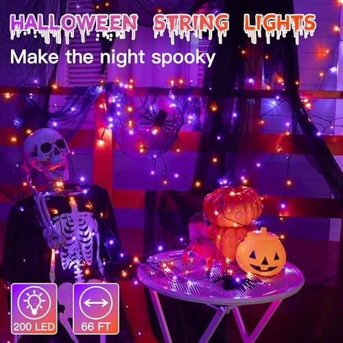 Guhope 66FT 200 LED Halloween Lights, Orange + Purple Halloween Lights Outdoor with 8 Lighting Modes, Waterproof String Light for Halloween Christmas Outdoor Party Yard Garden Decoration