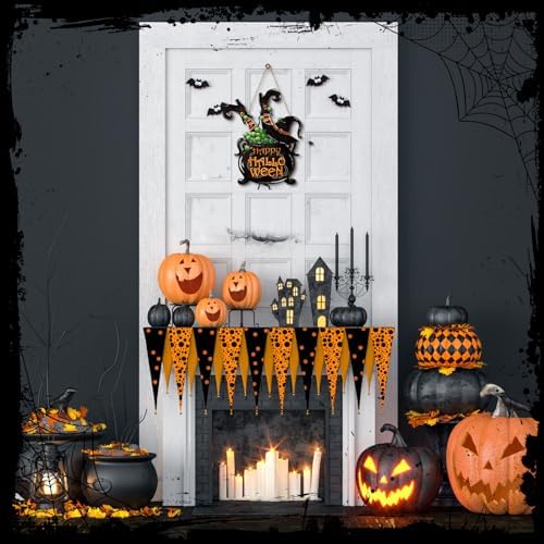 Barydat Happy Halloween Witch Cauldron Wreath Welcome Front Door Sign