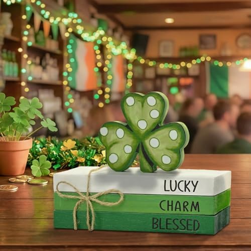 Smile St. Patrick's Day Wooden Decor Blocks LUCKY CHARM BLESSED Shamrock, Tabletop Shelf Wood Sign for Home Office Holiday Lucky Decoration