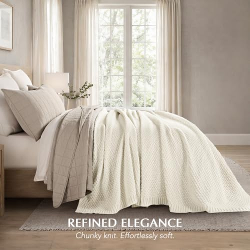 EVERGRACEHOME Chunky Chenille Knit Throw Blanket, 90 x 90, Ivory White