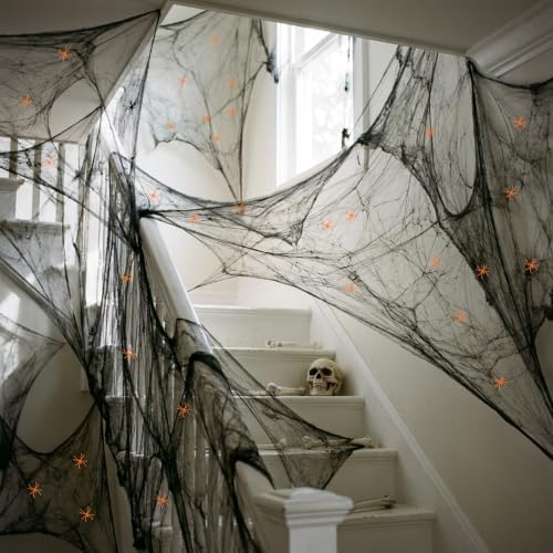 1100 Sqft Black Halloween Spider Web Decor with 60 Fake Spiders 12 Bats
