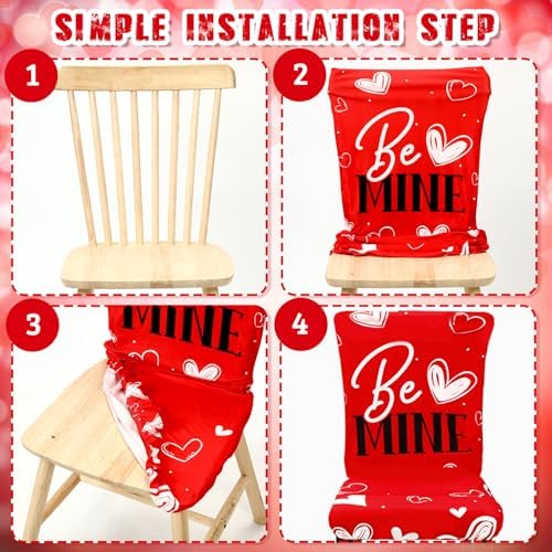Preboun Valentine's Day Chair Covers Set of 6 Valentines Dining Protector Stretch Red Heart Removable Washable Valentine Be Mine Slipcovers for Dining Hotel Party Wedding
