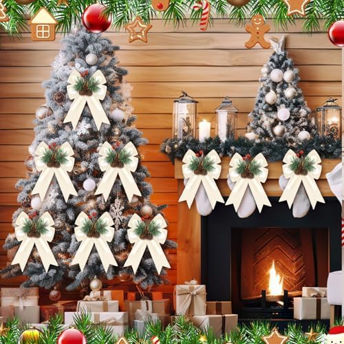 Syhood 6 Pcs Christmas Bows Xmas Velvet Bows Tree Decor, Champagne