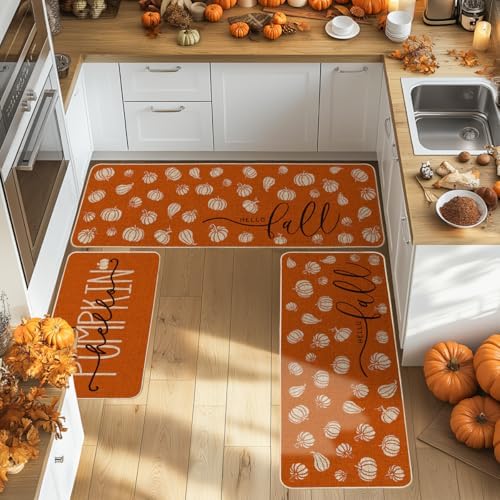 Artoid Mode Orange Fall Kitchen Mats Set of 3-24"x35"+24"x59"+24"x72"