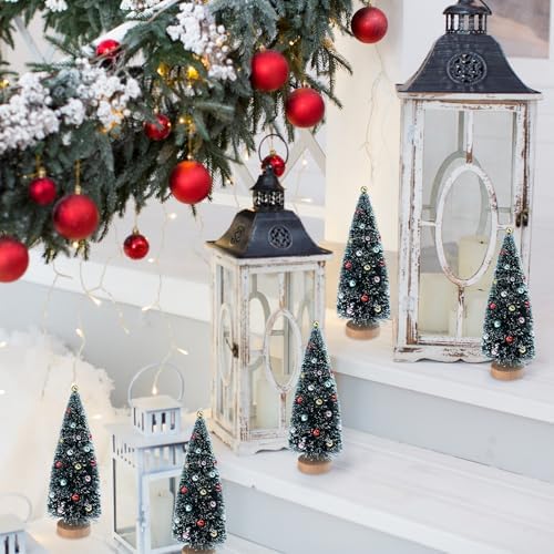 Winlyn 6 Pcs Artificial Tabletop Christmas Trees 8.3 Inch Frosted Green Bottle Brush Trees with Wood Bases Small Sisal Trees with White Snow and Ornaments for Winter Holiday Christmas Village Décor