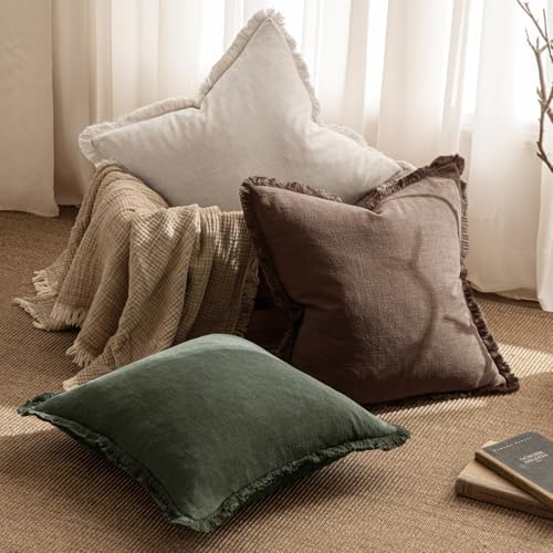 MIULEE Boho Linen Fringe Decorative Throw Pillow Covers Rifle Green 20x20