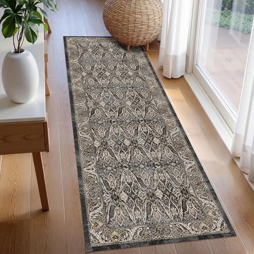 Washable Area Rug 2'6'' x 8' Vintage Traditional Persian Mat - Foldable Distressed Non-Slip Machine Washable Carpet for