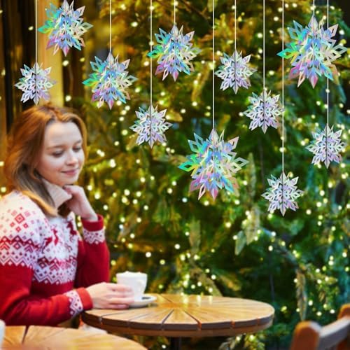 Crafare 18PCS Christmas Hanging Holographic Snowflake Ornamnets 3D Paper Snowflakes Garland Sparkly 3 Size for Winter Wonderland Holiday New Year Party Decoration