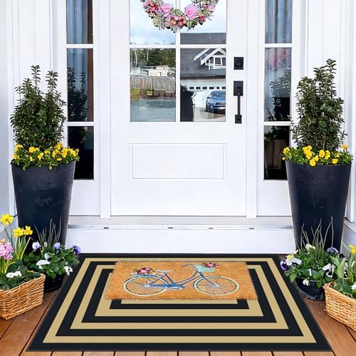 Front Door Mat Indoor Outside Entrance, 2x3 Black Tan Striped Rug