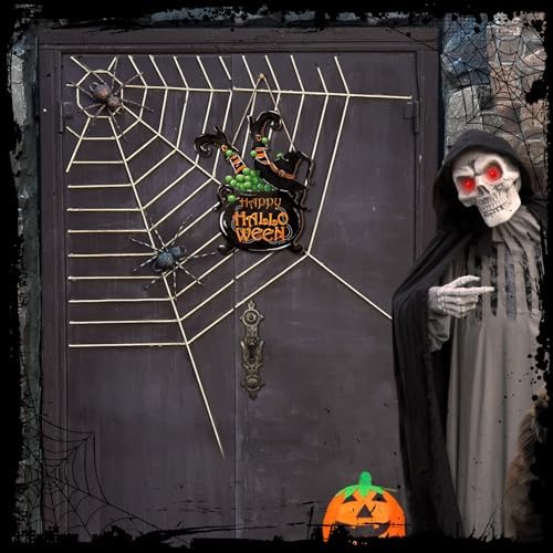 Barydat Happy Halloween Witch Cauldron Wreath Welcome Front Door Sign