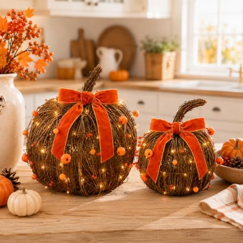 Lighted Fall Pumpkin Decor 2 Pack Rattan Pumpkins with Velvet Bow