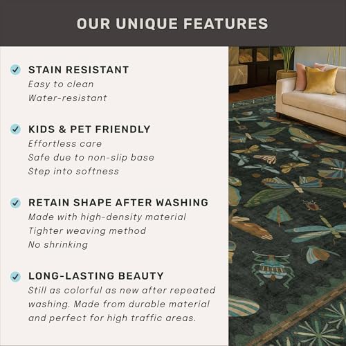 3x12 Long Hallway Runner Rug Non Slip - Washable Front Door Runner Indoor Entrance, Boho Nature Insect Stain Resistant