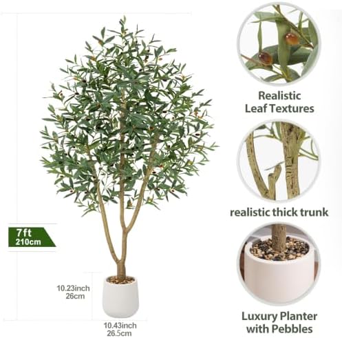7ft Artificial Olive Tree with Tall Exquisite Planter | Realistic Faux Olive Tree with Thick Trunk and Lifelike Leaves
