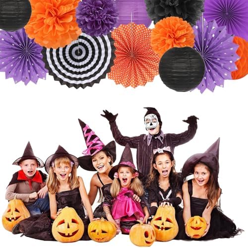 Black Orange Purple Halloween Party-Decorations - 20pcs Paper Lanterns Fans,Tissue Pom Poms,Honeycomb Balls, Birthday Baby Bridal Shower Graduation Wedding Hotel Transylvania Decor Burgleda