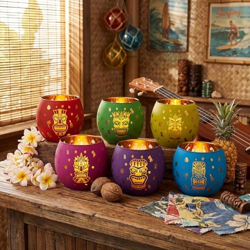 Jingmore 6 Pcs Glass Votive Holders, Hawaiian, Multicolor