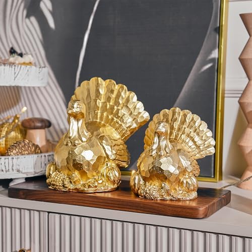 FESTGLOX Thanksgiving Turkey Decor, Gold Resin Turkey Figurine Table Decor