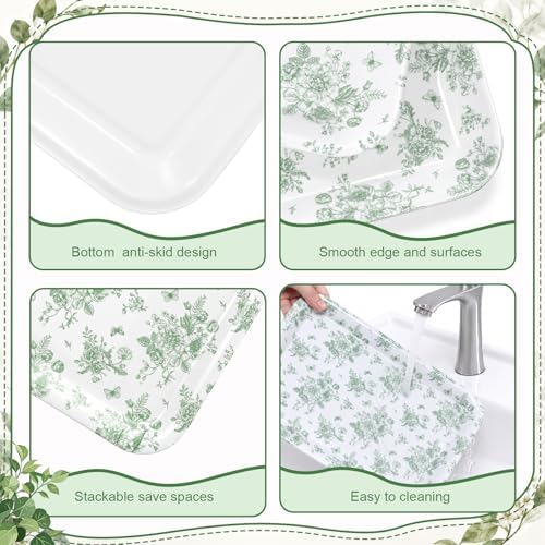 Vesici 3 Pcs Sage Green Floral Serving Trays 13 x 10 Inch Green Chinoiserie Flower Melamine Platters Reusable Rectangular Serving Dish for Spring Wedding Bridal Party Sharing Snack Fruit Dessert Candy