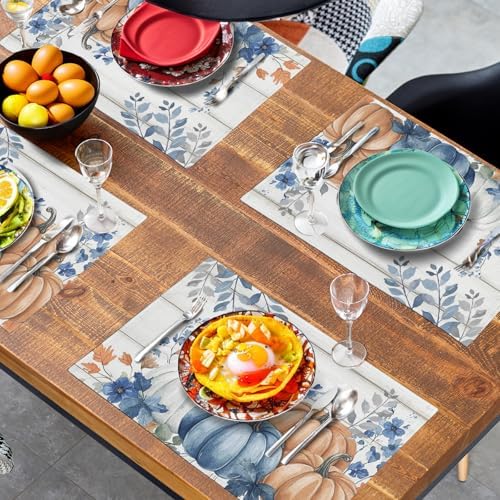 Autumn Placemats Blue Pumpkin Fall Place Mat Eucalyptus Leaves Floral Wood Grain Table Mats Thanksgiving Harvest Linen Placemat Party Kitchen Dining Decoration 12x18 Inch Set of 4