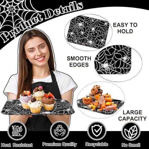 Whaline 3 Pcs Halloween Serving Trays Black White Spider Webs Reusable Melamine Trays Platters for Movie Night Birthday Holiday Party Food Supplies, 10 x 13 Inch