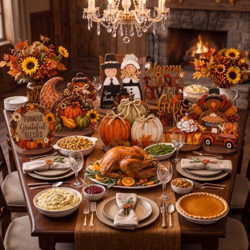 12 Pcs Fall Thanksgiving Table Decor Turkey Scarecrow Wooden Centerpiece