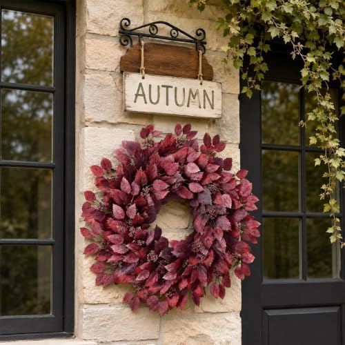 26" Artificial Hibiscus Leaves Fall Wreath for Front Door Decor(Autumn Red)