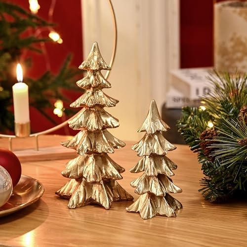 FESTGLOX Gold Christmas Tree Figurines,Small Resin Christmas Tabletop Trees
