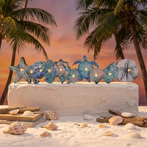 Yousoontic Summer Ocean Table Decorations with LED Lights, 3D Coastal Wooden Centerpieces for Tables, Nautical Starfish Turtles Beach Table Decor for Home Mantel Desk, Summer Party Decorations