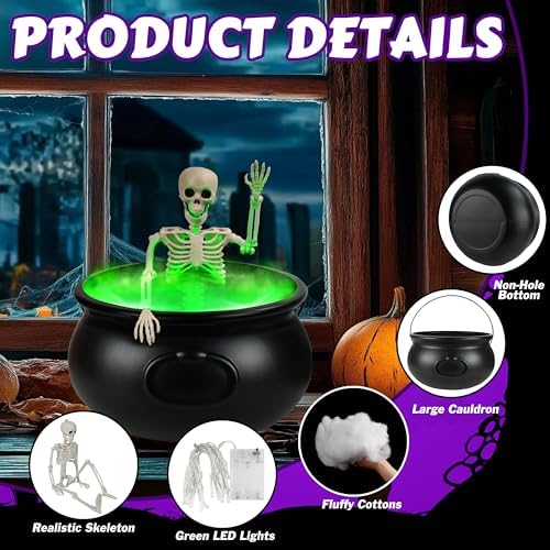 Halloween Decorations Outdoor, 12.6” Large Witches Cauldron Kettle on Tripod with Skeleton, LED Lights, Black Plastic Cauldron Candy Bowl Bucket Decoration for Yard Home Porch Outside Decor