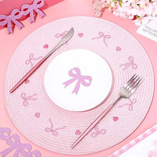 Whaline 4 Pcs Pink Bow Embroidered Placemats Round Place Mats Coquette Bow Dinner Table Mats for Home Wedding Baby Shower Birthday Party Decor