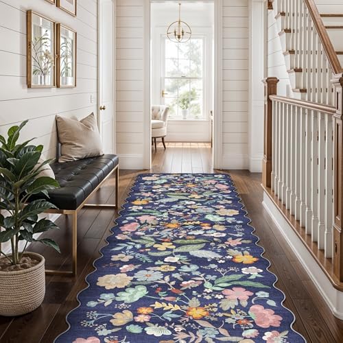Washable Non-Slip Runner Rug 2x8: Water-Resistant Floral Kitchen Rug Indoor Low Pile Floor Mat for Living Room Bedroom