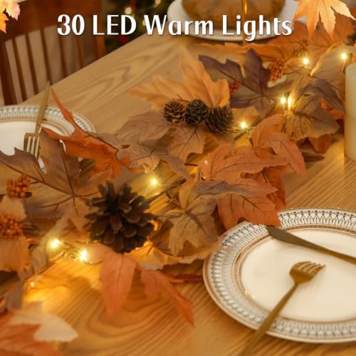9 Ft Fall Garland with Lights & Timer, Thanksgiving Fireplace Mantel Decor