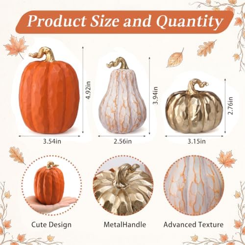 VioraWhite 3 Pack Fall Pumpkin Decor White and Gold Resin Pumpkin Statues