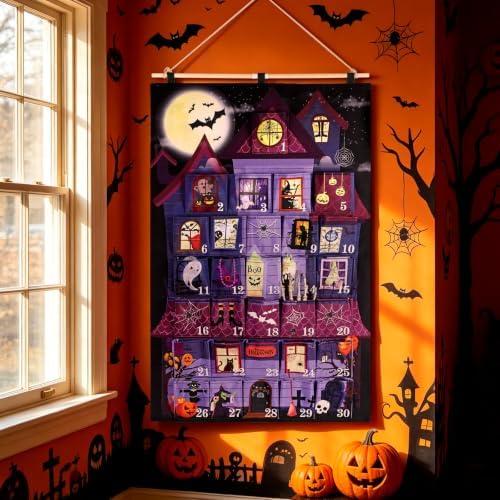 HOWAF Halloween Advent Calendar Haunted House Wall Hanging, 30 Days Countdown to Halloween Fabric Calendar with 30 Pockets, Spooky Castle Design Halloween Countdown Decor for Gifts Filling